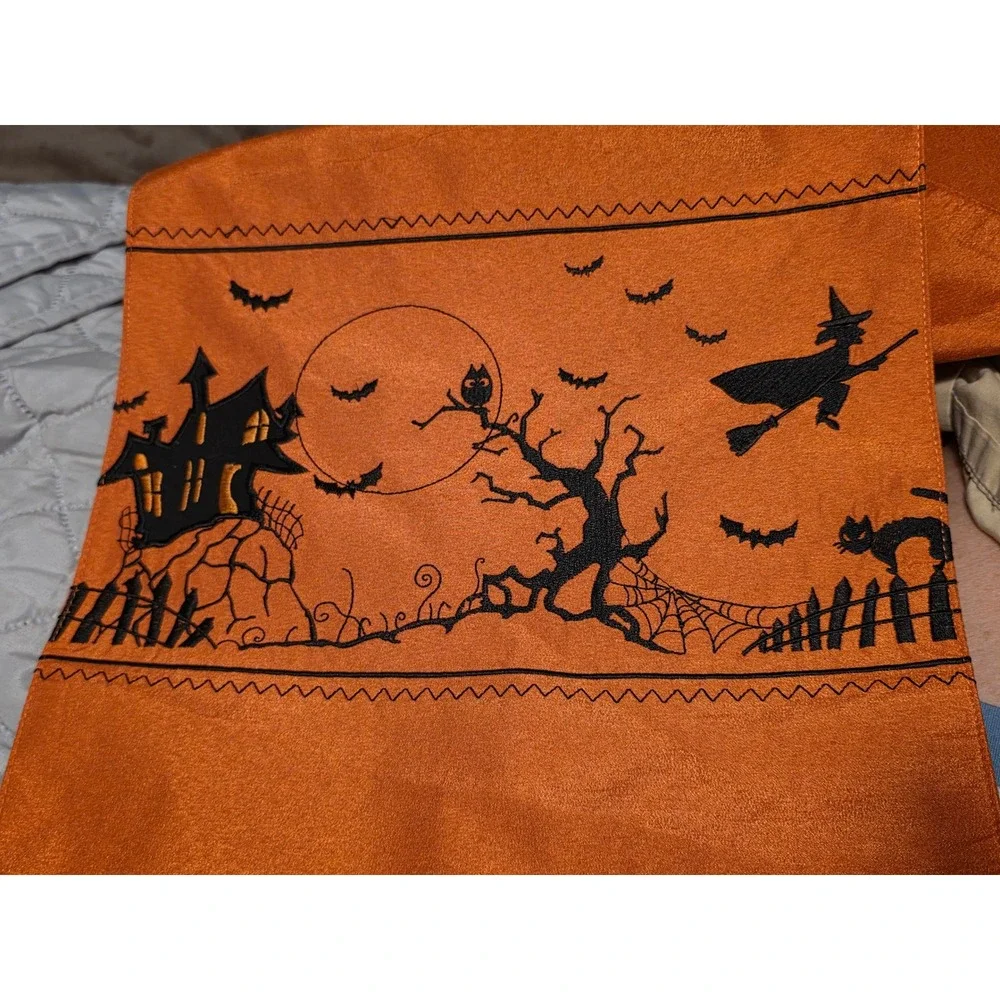 Orange Halloween Table Runner Haunted House Witch Embroidery 90 Inch Long